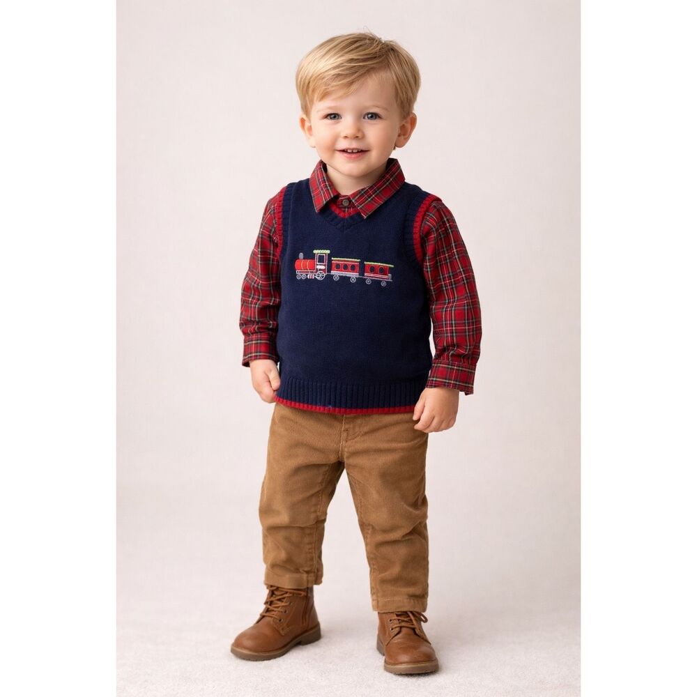 Great Guy Red Plaid Collared Shirt & Blue Train Sweater Vest 18 Months NWT